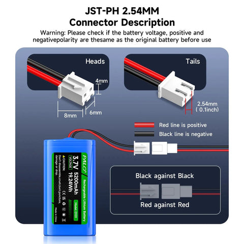 Diagram showing JST-PH 2.54mm connections with Two Pack 5200mAh 3.7V Lithium Ion Battery With JST PH 2.54mm Plug details