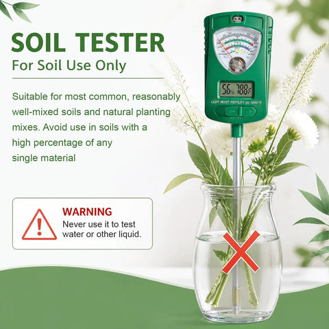 All In One 7 In 1 Soil Test Kit With Rotatable Head For Moisture Ph Fertility Light Intensity Soil Temperature And Air Humidity Digital Display Ideal For Garden Lawn Farm And Indoor Outdoor Plants, green handheld tester