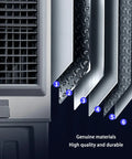 Close-up of Portable Evaporative Air Cooler With Large Water Tank And 120 Degree Oscillation showing metal construction and components.