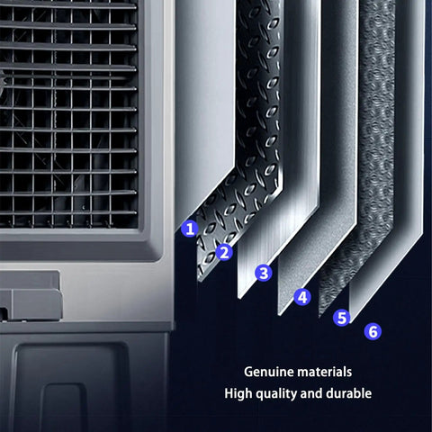 Close-up of Portable Evaporative Air Cooler With Large Water Tank And 120 Degree Oscillation showing metal construction and components.