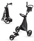 Heavy Duty Three Wheel Golf Push Cart Delivering Dead Steady Control And Foolproof Quick Release Brakes folded and unfolded views.