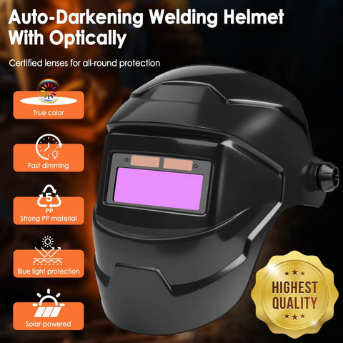 Big Screen Welding Mask With True Color Solar Auto Dimming And Color Changing Shield, black helmet front view