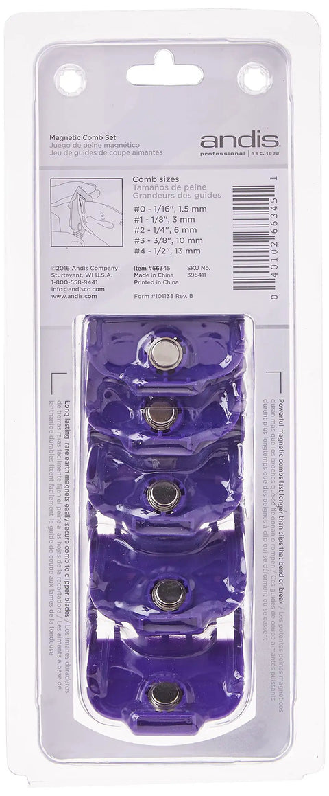 Nano-Silver Magnetic Attachment 5 Combs Set For Pro Haircuts And Styles purple clipper guards in retail packaging.