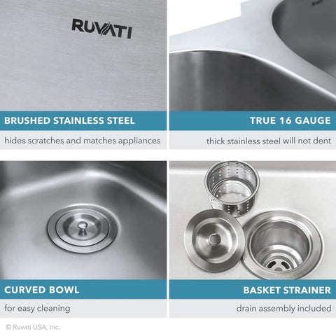 Close-up of 13x15 Inch Undermount Bar Sink For Small Kitchens, 16 Gauge Stainless Steel One Bowl With Brushed Finish, showing details