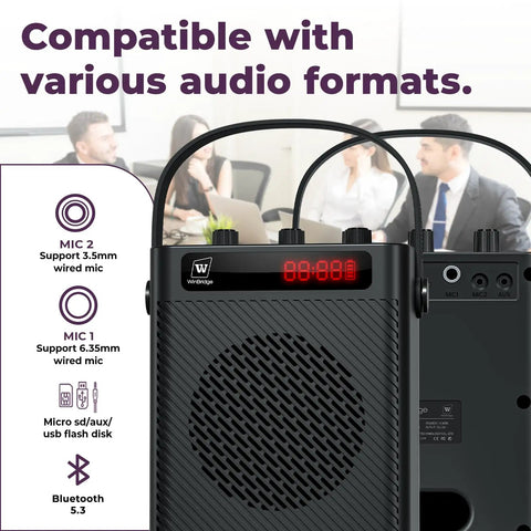 40W Bluetooth 5.3 Voice Amplifier With Headset Microphone And Handheld Mic Portable Rechargeable PA System front and back view