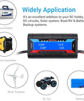 200A High Precision Power Analyzer And Multi Meter For DIY DC Power Projects That Reads Volts Amps And Watts With 8V To 60V Range Bright Blue Backlit LCD And 12 Gauge Lead Wires For Accurate Readings And Troubleshooting, front view
