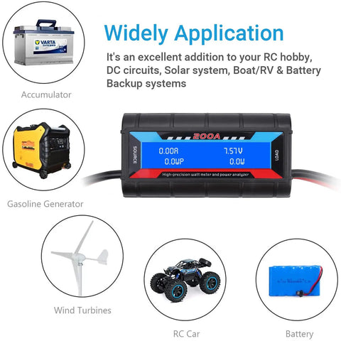 200A High Precision Power Analyzer And Multi Meter For DIY DC Power Projects That Reads Volts Amps And Watts With 8V To 60V Range Bright Blue Backlit LCD And 12 Gauge Lead Wires For Accurate Readings And Troubleshooting, front view
