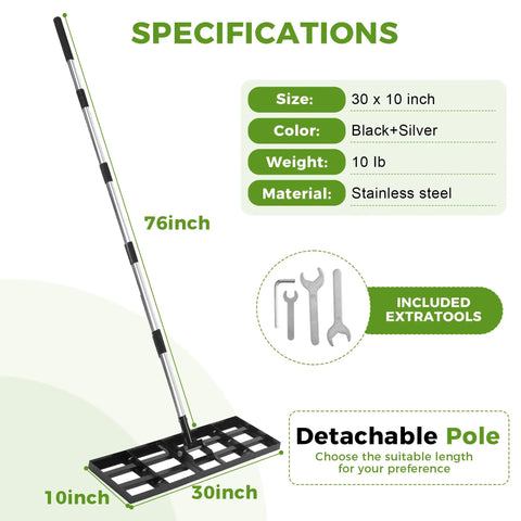 Heavy Duty Stainless Steel Lawn Leveling Rake With 30x10 Inches Head And 76 Inch Adjustable Handle, specifications shown