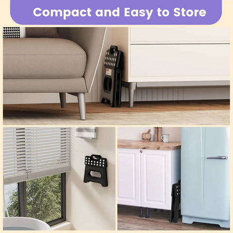 Folding Step Stool Nine Inch Holds Up To 600 Lb With Non Slip Surface And Carry Handle stored compactly in home spaces.