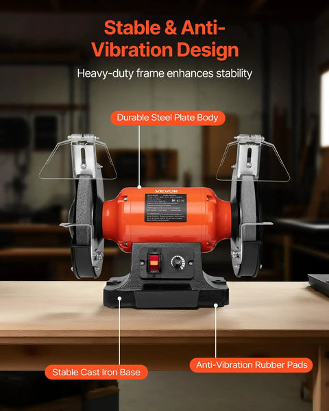 High Octane 8 Inch Variable Speed Bench Grinder Delivering 550 Watt Power And 2000 To 3450 Rpm Range with durable steel body and stable cast iron base.
