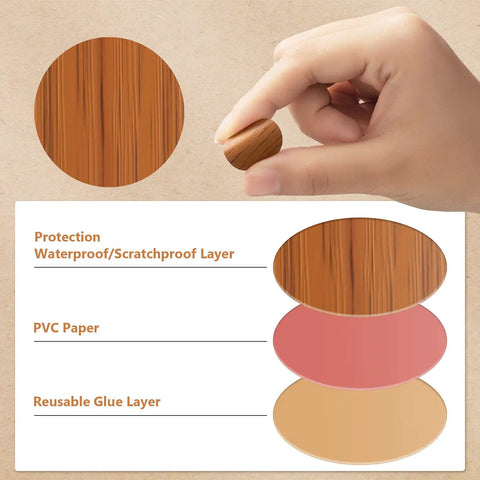 Hand holding Massive 864 Piece Wood Grain Screw Hole Covers Set 0.83 Inch Waterproof PVC Caps with layers diagram