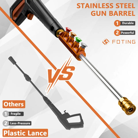 Stainless steel gun barrel of Beast Mode Cleaning Power With 5000 Max PSI Pressure Washer Touchscreen Control And Foam Cannon Eight Spray Levels Four Nozzles Red Heavy Duty Cleaner
