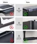 Comparison of toilet paper holders showcasing recessed edge, arc design, and locking spring rod for Toilet Paper Holder With Shelf In Matte Black SUS304 Stainless Steel Wall Mounted Or Adhesive Tissue Storage Large Bathroom Organizer For Rolls And Wipes Dispenser Modern Rustproof Bathroom Accessory.