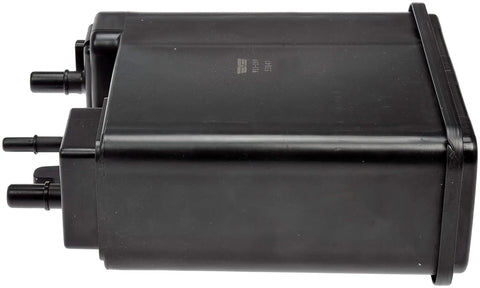 Side view of evaporative emissions vapor canister replacement for select vehicles, direct fit charcoal canister.