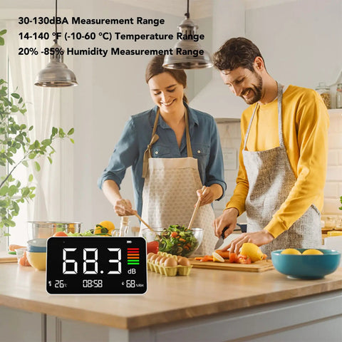 3 In 1 Decibel Meter With Temperature And Humidity, Rechargeable dB Meter With LCD Screen For Real Time Noise Levels, Humidity And Temp Readouts, Ideal For Home, Studio, Or Office Noise Control on kitchen counter