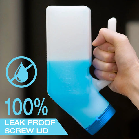 Person holding Glow In The Dark Urinal For Men With Spill Proof Screw On Lid 32oz Thick Plastic Pee Bottle Bedpan Style Urine Container