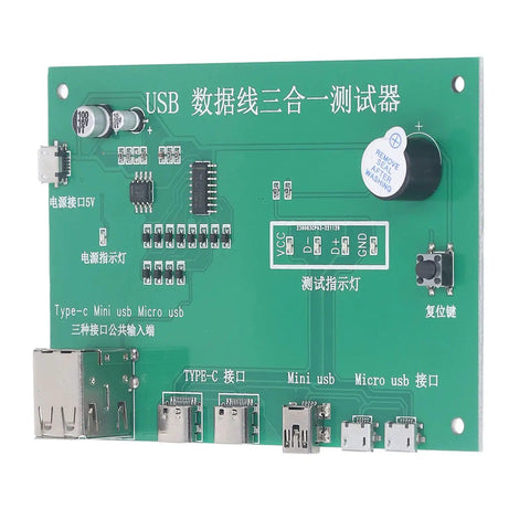 3 In 1 Cable Tester Module With Type C, Mini USB, And Micro USB Ports, PCB material, showing connection ports and components