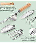 9-Piece Heavy Duty Garden Hand Tools Set With Rust-Proof Stainless Steel Tools And Cool Organizer Tote showing steel tools