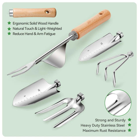 9-Piece Heavy Duty Garden Hand Tools Set With Rust-Proof Stainless Steel Tools And Cool Organizer Tote showing steel tools