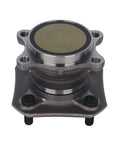 Front view of rear wheel bearing and hub assembly for 2007-2012 Nissan Sentra L4 2.0L non ABS 4 lug, sturdy metal construction.