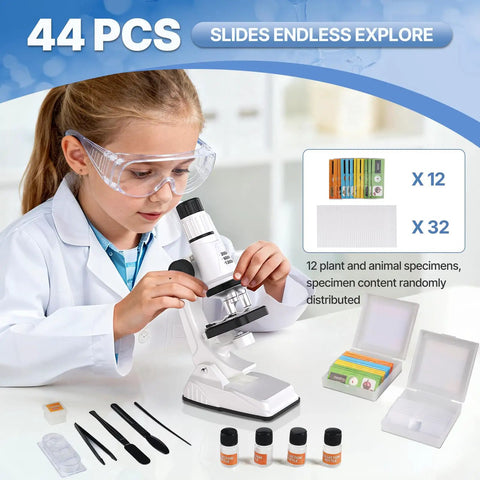 Junior Scientist Microscope Kit With Blank And Prepared Slides For Kids 100X 400X 1200X Magnification For Exploring The Micro World At Home Or In Class, 44 pcs set