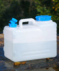 4 Gallon Camping Water Jug With Spigot For Emergency Water Storage Outdoors on rock, detachable spigot, blue cap.