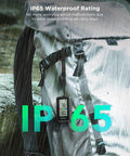 2-In-1 Indoor Outdoor Thermometer Hygrometer With IP65 Waterproof Rating attached to a backpack in the rain.