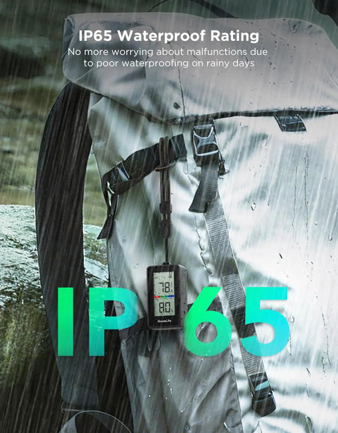 2-In-1 Indoor Outdoor Thermometer Hygrometer With IP65 Waterproof Rating attached to a backpack in the rain.