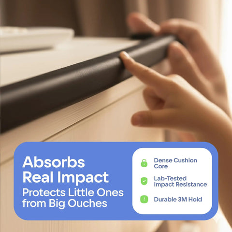 Thick Cushy Foam Corner Protectors And 15 Feet Of Table Edge Bumpers For Tables And Furniture installed on tabletop edge showing child's hand.