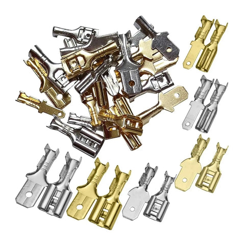 Solid Brass Tinned Spade Crimp Terminals Kit For Quick Wire Connections In Audio And Home Appliances, 2.8mm 4.8mm and 6.3mm Female Male Pins Compatible With 14-18 AWG Wiring For Solid Hookups, assorted brass tinned terminals