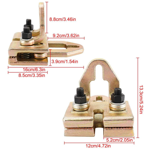 Heavy Duty 5 Ton Right Angle Two Way Auto Body Pull Clamp showing dimensions and steel construction for car repair