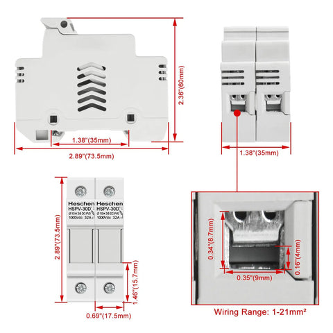 PV Solar Fuse Holder 2 Pole DIN Rail Mount For 10 X 38mm Fuses, HSPV-30D, DC 1000V, 32A, 35mm Rail, CE Listed