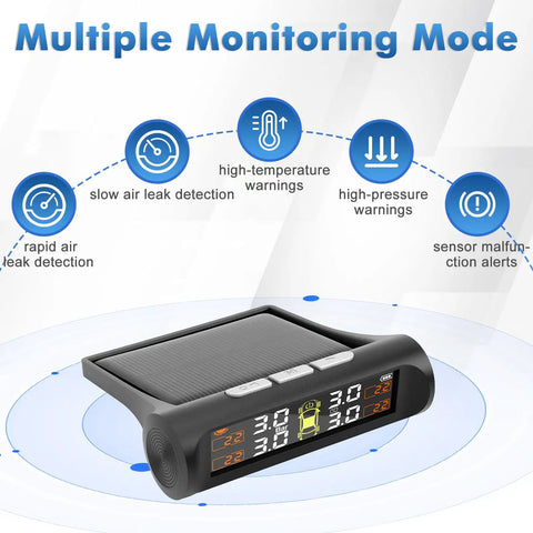 Real Time Tire Pressure Monitoring System With Solar Charging, 4 TPMS Sensors Pack, High Precision Readouts To 0.5 PSI, Updates Every 3 Seconds While Driving, Easy Install, Boost Safety And Driver Peace Of Mind, solar TPMS display