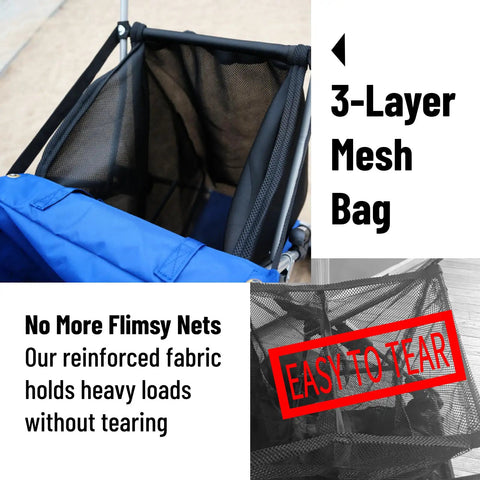Close-up of a 3-layer mesh bag in a Beach Cart With Balloon Wheels, Heavy Duty Steel Wagon That Rolls Smoothly Over Sand.