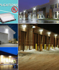 Dimmable 100W LED Wall Pack Light With Dusk to Dawn Photocell, 100-277V, 14000LM illuminating various outdoor warehouse settings