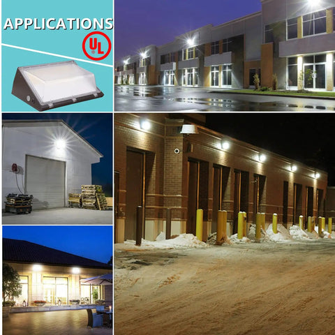 Dimmable 100W LED Wall Pack Light With Dusk to Dawn Photocell, 100-277V, 14000LM illuminating various outdoor warehouse settings
