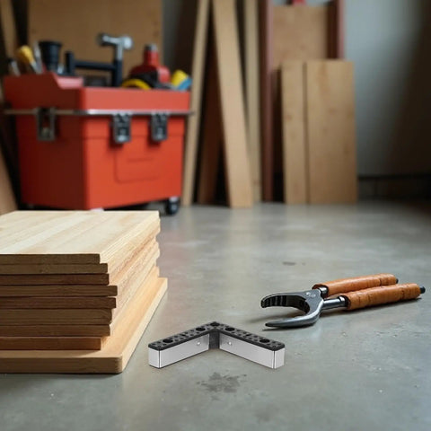Workshop view with tools and plank, highlighting Four Pack L Shaped Aluminum Furniture Legs With Plastic And Alloy Replacement Sofa.