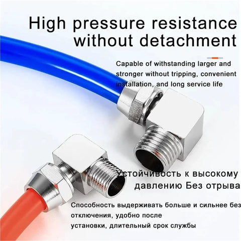 Workhorse Grade Nickel Plated Brass Elbow Fitting Kit 10 Piece Set With Quick Release Design showcasing blue and red pneumatic connectors.