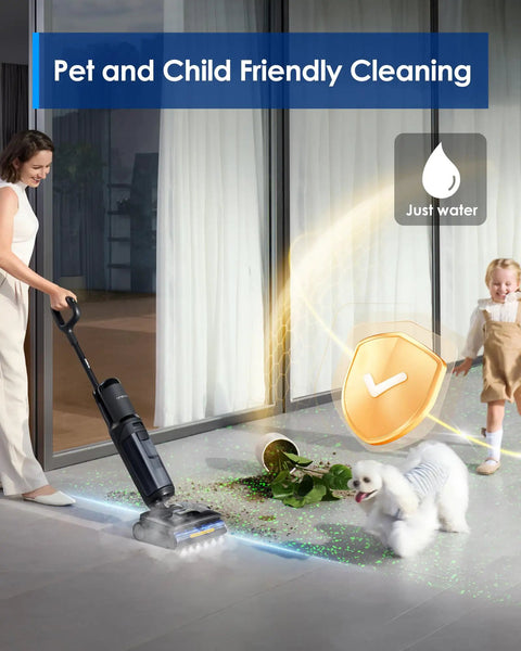 Woman using Floor One S7 Stretch Cordless Steam Mop And Wet Dry Vacuum All-In-One With 320F HyperSteam near a child and dog indoors