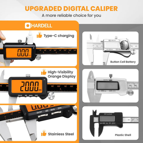 Rechargeable Digital Caliper With Large Orange Screen Anti Glare LCD ABS Function 6 Inch Caliper Measuring Tool In MM Stainless Steel