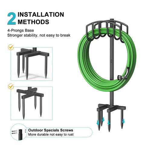 Detachable Metal Garden Hose Holder Stand With Upgraded Four Spike Design Heavy Duty Freestanding Hose Reel Rack shown with hose
