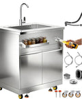 Stainless Steel Outdoor Kitchen Sink With Faucet Kit Hose Hookups Single Bowl Storage Brakes On Wheels Spice Rack All Weather Use Built To Last For RV Yard Garage Restaurants