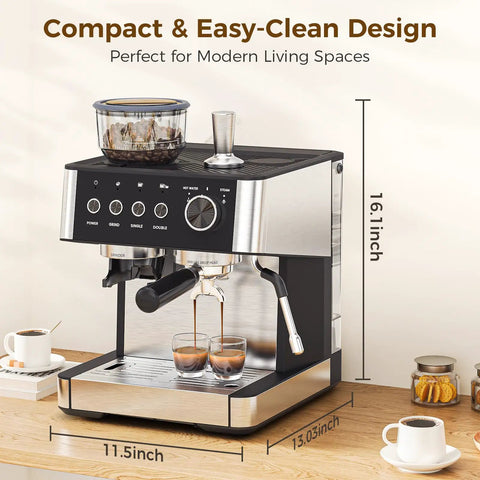 Next Level Espresso Machine With Built In Grinder And Automatic Milk Frother Compact Countertop 20 Bar High Pressure Pump dimensions on table