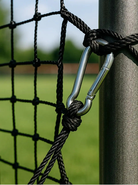 Close-up of 25 Pcs Batting Cage Net Hangers with Steel Carabiners attached to a black net in a backyard setup.