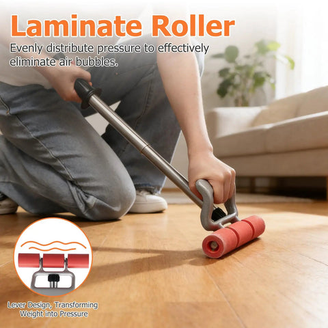 Person using Adjustable Rubber Floor Roller 17.5 To 27 Inch J Roller Heavy Duty Pressure Tool for laminate flooring.