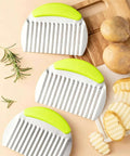 French fry potato cutter set, 3-pack with green handles and metal blades, front view