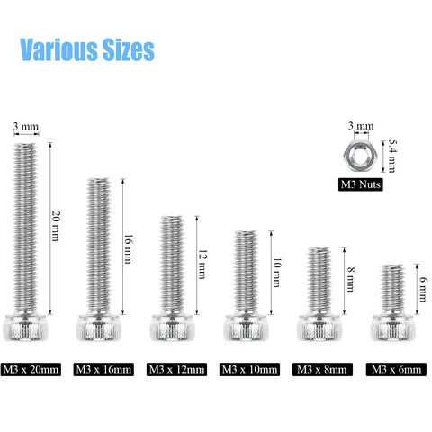 Hex Socket Head Cap Bolts And Nuts Kit Stainless Steel 304 M3 Set In 6 8 10 12 16 20 mm Lengths 360 Pieces DIY Hardware Sizes