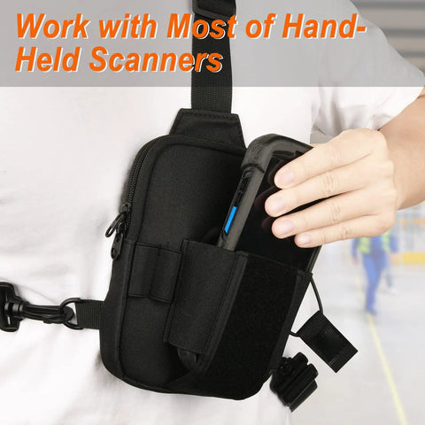 Universal Chest Harness With Easy Access Carry Pouch Fits Symbol Zebra USPS And Other Postal Scanners for handheld use.