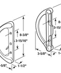 Sliding Door Handle Set Mortise Style Three And Fifteen Sixteenths Inch On Center White Diecast Exterior Interior Pull Handles With Center Thumb Turn Latch For Mortise Latch Systems Matching Inside And Outside Hardware White Finish illustrated dimensions