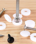 150 Pack White Plastic Screw Cover Caps With Snap On Hinge For Flush Mount Protection And Waterproof Seal shown with screws